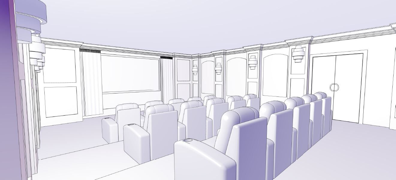 3D design rendering of a home theater before construction